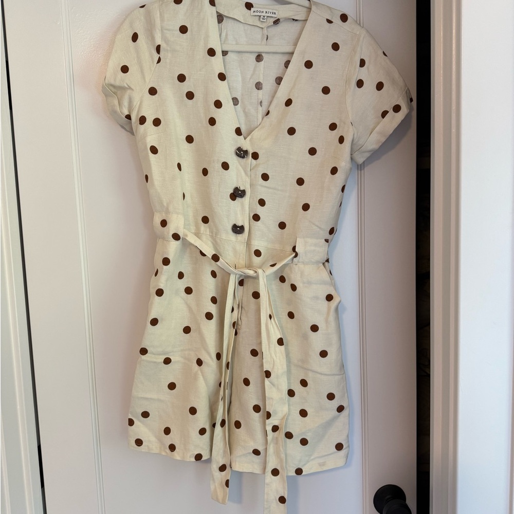 Moon River Cream and Brown Polka Dot Jumpsuit - Picture 2 of 5